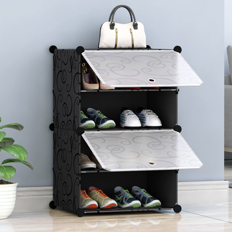 4 Tier Stackable Shoe Rack Polypropylene 45cm X 32cm X 65cm Black Cover