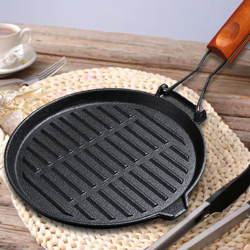 24cm Round Ribbed Cast Iron Non Stick Grill Pan Folding Wooden Handle Black