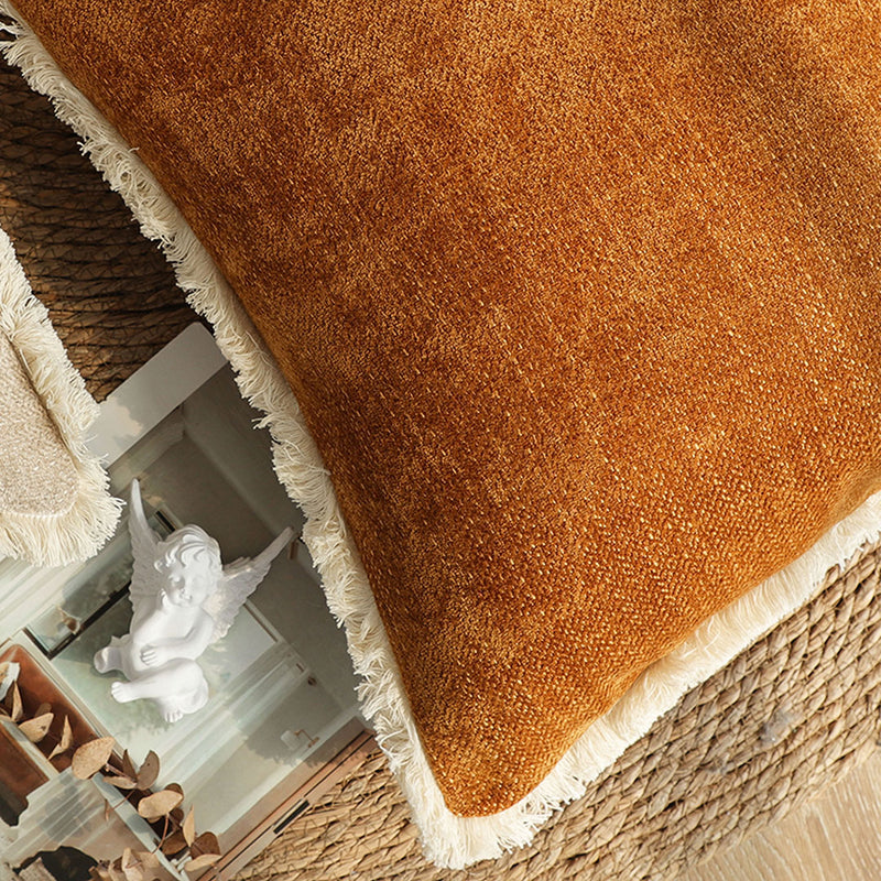 45cm Square Plush Velvet Chenille Tassel Throw Pillow Sunset Orange