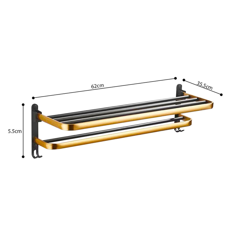 2X 62cm Wall Mounted Double Pole Aluminum Towel Rack Black Gold With Hooks