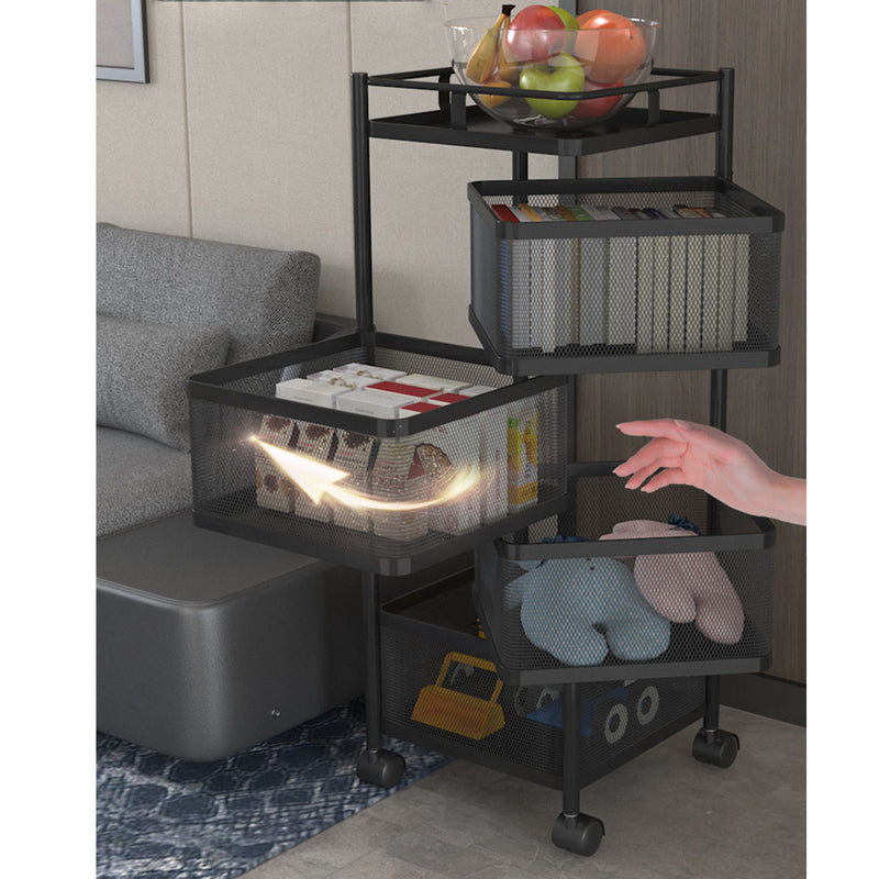 2X 4 Tier Carbon Steel Rotating Mesh Kitchen Cart 30x30x82cm 10Kg Shelf Black