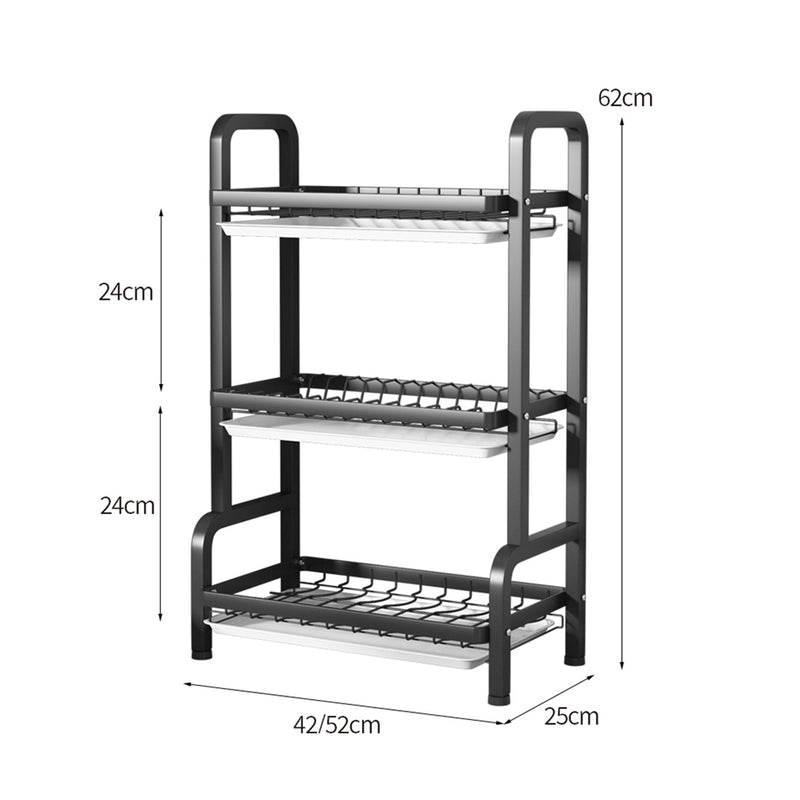 2X 3 Tier 62cm Black Carbon Steel Countertop Dish Rack Cutlery Board Holders