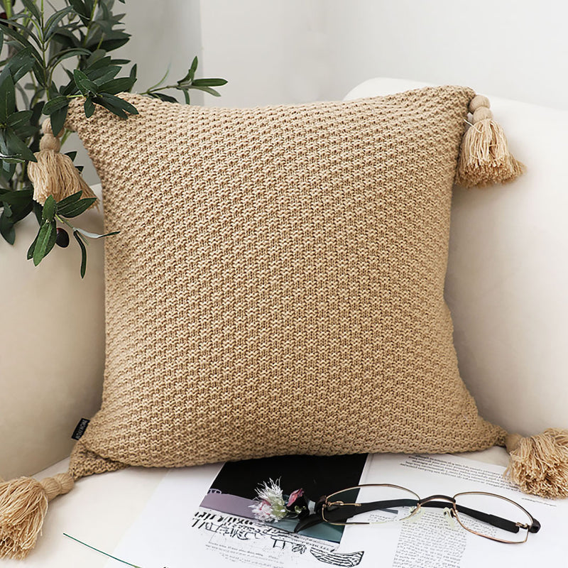 Light Brown Velvet Pillow 50CM Tassel Accents Plush Cushion Decorative Home Use
