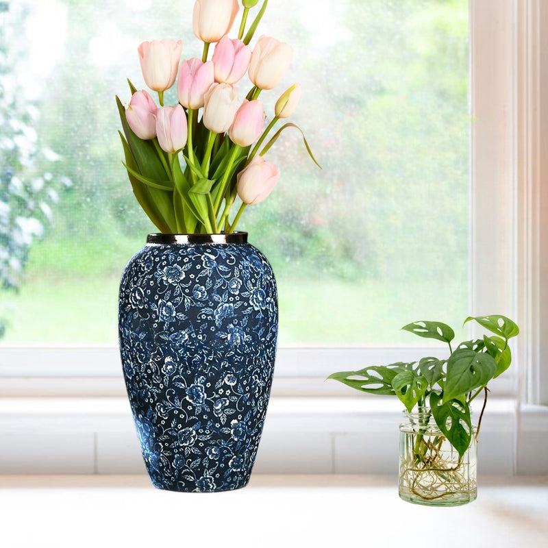 Medium Ceramic Flower Vase 30x19cm Blue And White Floral Home Decor