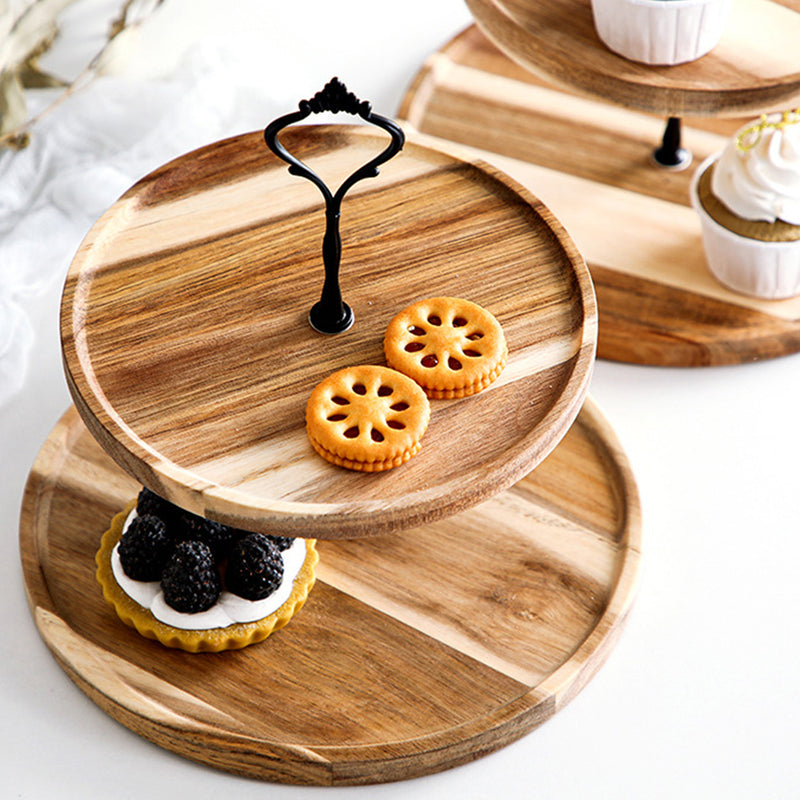 2X 20cm 2 Tier Round Acacia Wood Dessert Tray Brown Metal Handle
