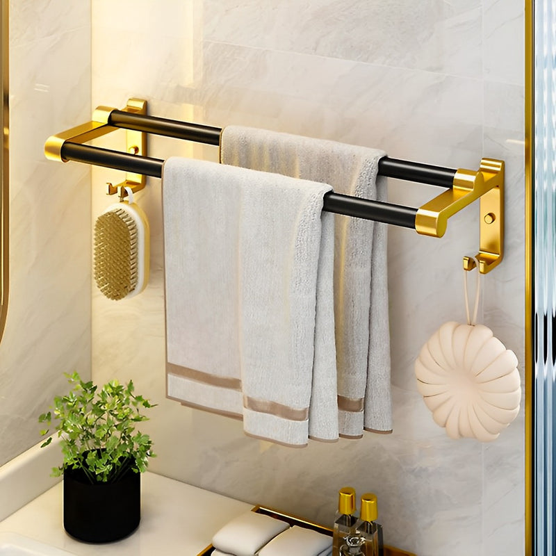 61cm Aluminum Wall Mounted Double Pole Towel Rack With Hooks Black Gold
