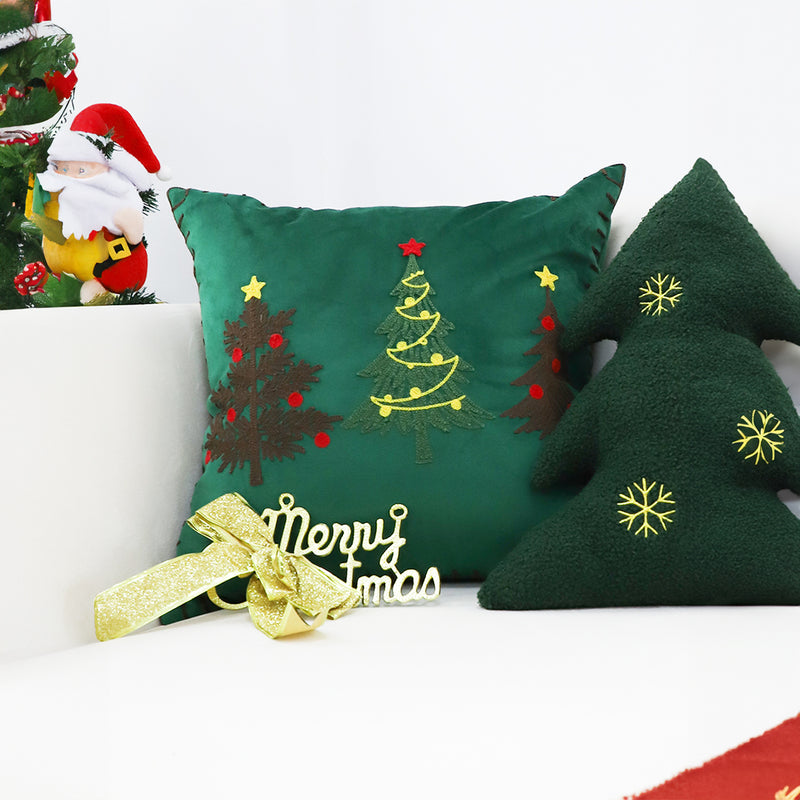 2X 45x45cm Plush Throw Pillow Green Embroidered Christmas Trees Square