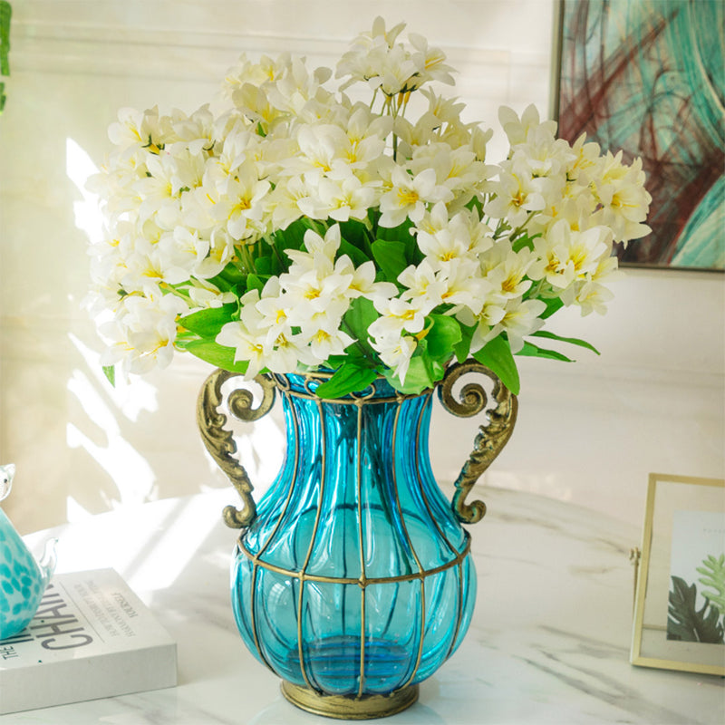 Blue Glass Vase 10x14x26cm Silk White Lilium Bouquet 10 Bunch 6 Heads