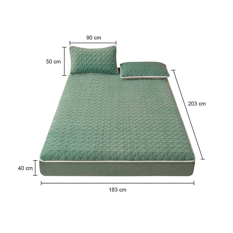 Green 203cm Quilted Fleece Mattress Cover Protector With Pillow Covers