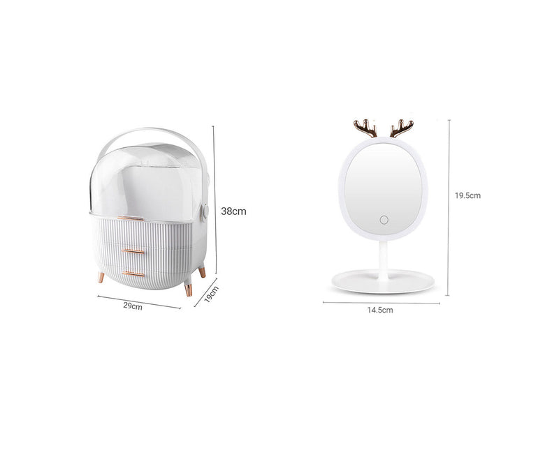 White Cosmetic Storage Organiser With LED Light Mirror Vanity Table Set