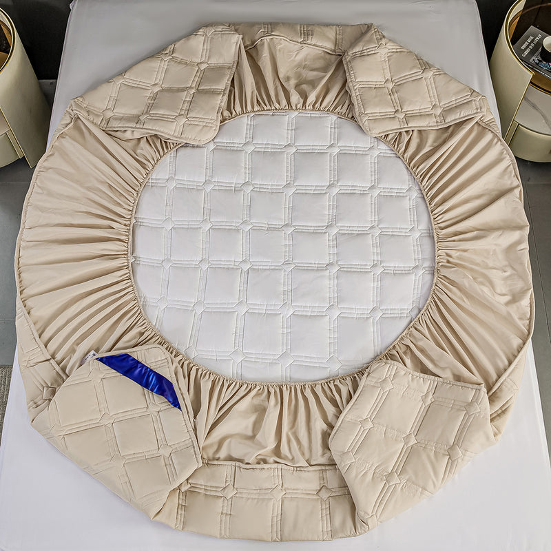 2X Beige Polyester Quilted Stretch Mattress Cover 203x183x40cm 4 Pillow Covers