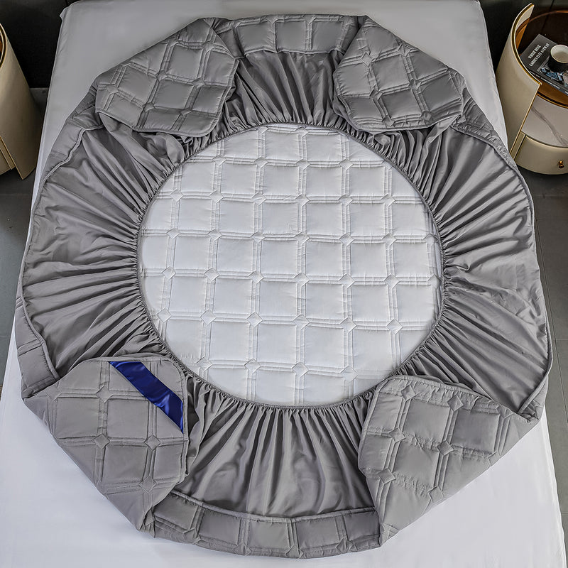 Grey 153cm Mattress Cover Quilted Stretchable Polyester Bed Protector with 2 Pillowcases