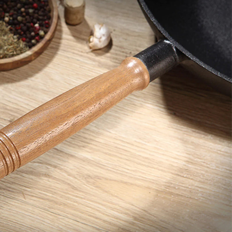 2X 31cm Cast Iron Wok Fry Pan Black Wood Handle Nonstick Induction