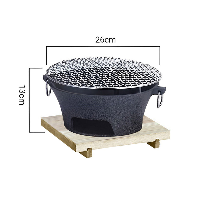 2X Cast Iron Round Charcoal Grill 27cm Stainless Steel Net Wooden Board Black