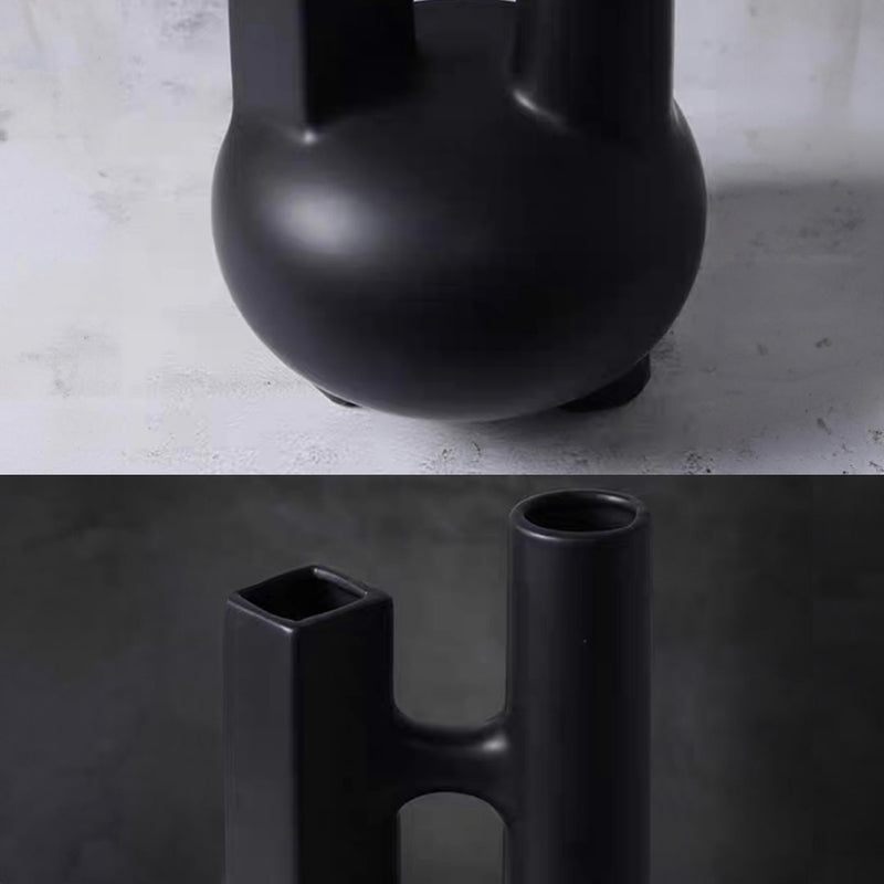 Geometric Double Tube Ceramic Vase 20.5x36.5cm Minimalist Black Sculpture