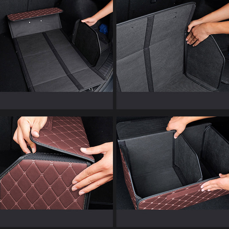 Leather Car Boot Organizer Large Foldable Trunk Storage Box Coffee Gold Stitch