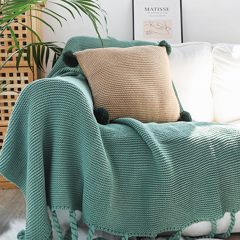 Green Tassel Fringe Knitted Throw Blanket 130x170cm 100% Acrylic Waffle Weave