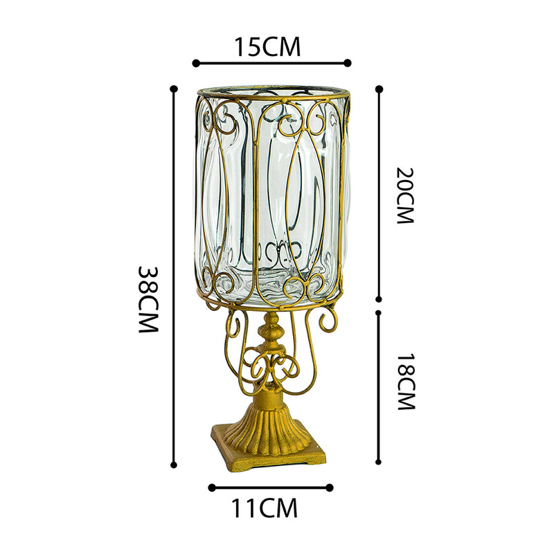 European Clear Glass Cylinder Vase Gold Metal Pattern 38cm Home Decor
