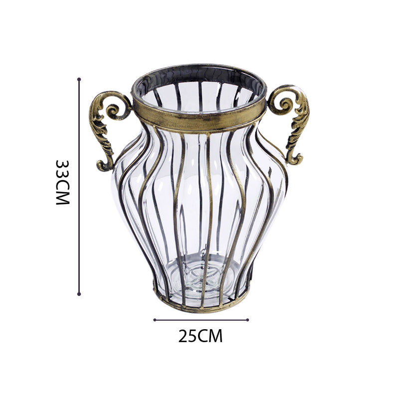 Clear European Glass Flower Vase with Gold Metal Handles 25cm x 33cm Decor