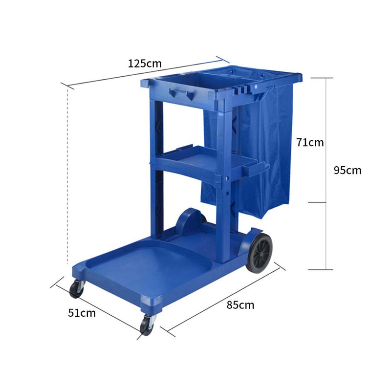 3 Tier Janitor Cart Trolley With Waterproof Bag Blue Plastic For Cleaning