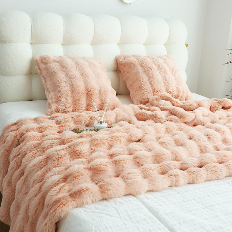 2X Throw Blanket 60X200cm Polyester Faux Rabbit Fur Pink Double Layer