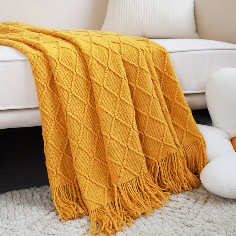 2X Knitted Throw Blanket 100% Acrylic 130cmx230cm Diamond Pattern Yellow Tassels