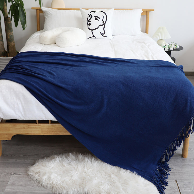 2X Acrylic Knitted Throw Blanket 130cmx220cm Fringed Cozy Royal Blue