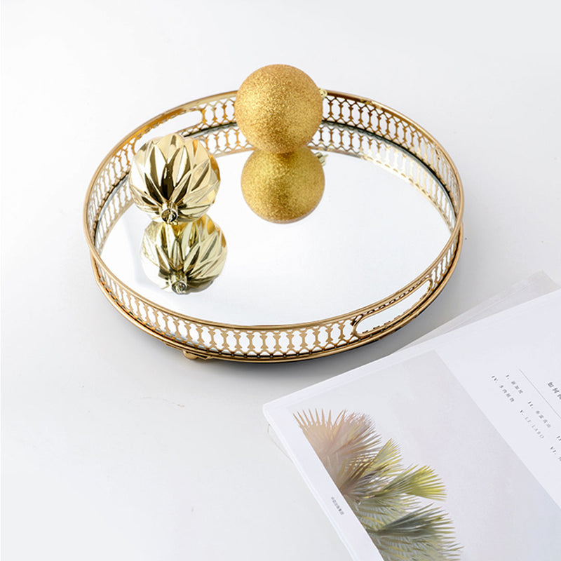 Gold 32cm Round Mirror Vanity Tray Glass Metal Makeup Jewelry Organizer