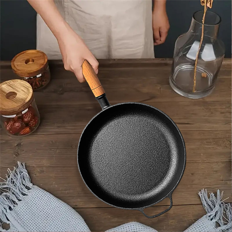 2X 25cm Round Cast Iron Skillet Non Stick Pre Seasoned Wooden Helper Handle
