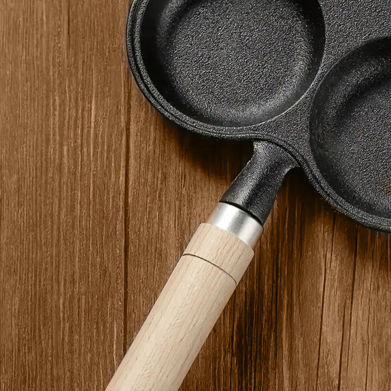 4 Mold Cast Iron Egg Pancake Omelette Pan Wood Handle Non Stick Induction Safe