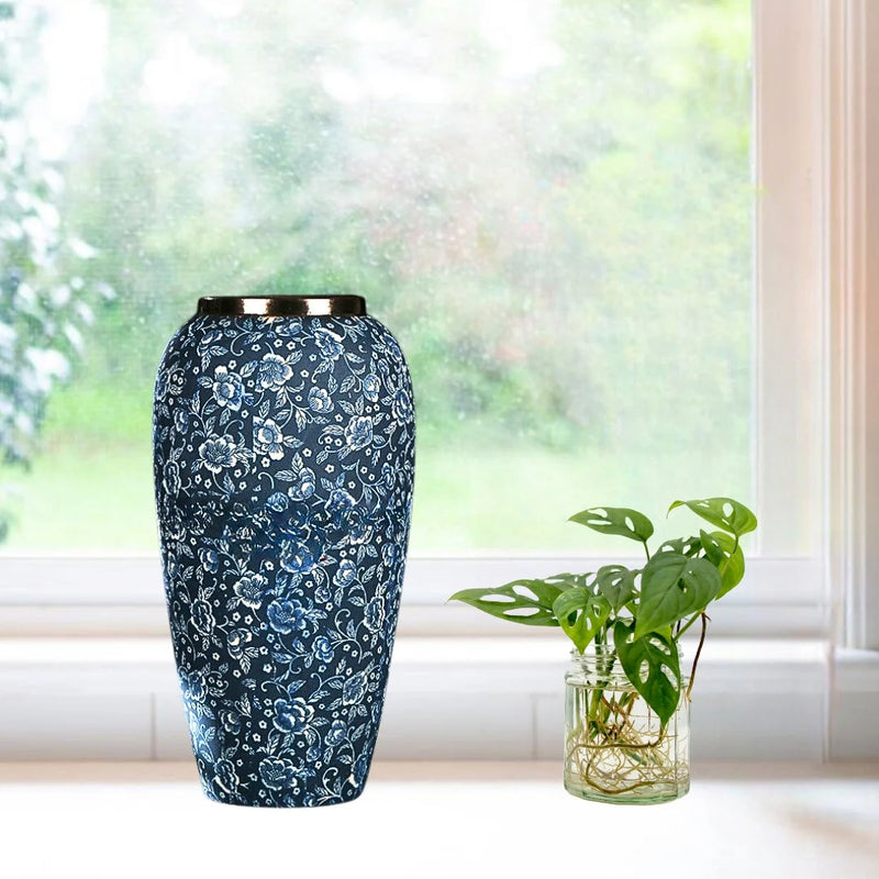Large Ceramic Flower Vase 35x17cm Blue White Floral Home Decor Centerpiece
