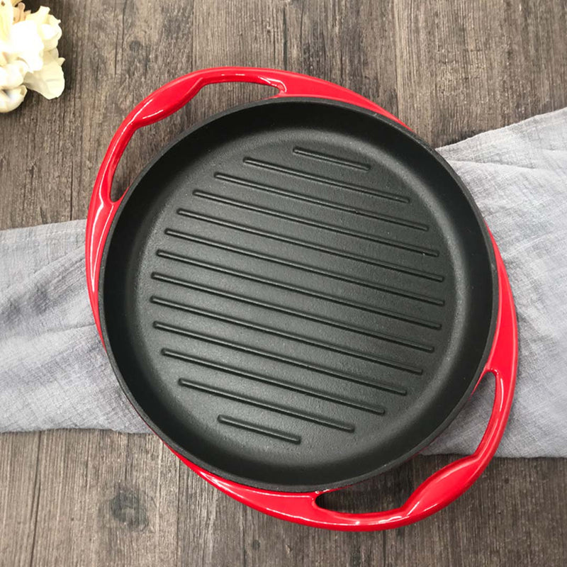 2X Enameled Cast Iron Grill Pan 26cm Red Nonstick Skillet Griddle