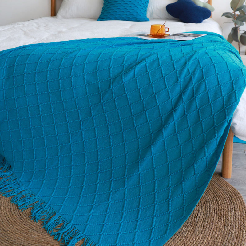 Blue Knitted Throw Blanket 100 Percent Acrylic Diamond Pattern Tassels Home Decor