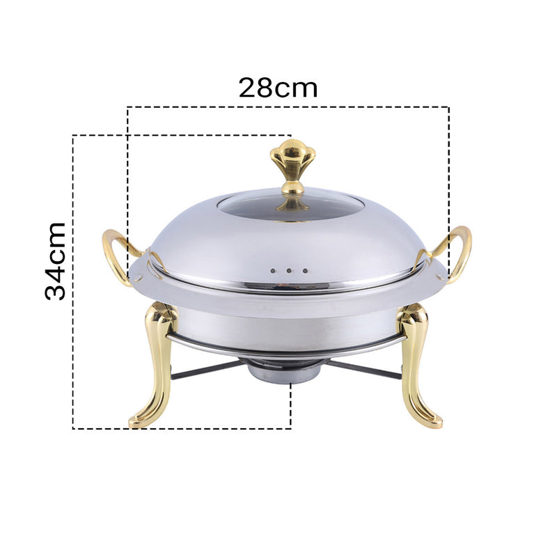 Stainless Steel Round Buffet Chafer Food Warmer Gold Accents Glass Lid 34cm