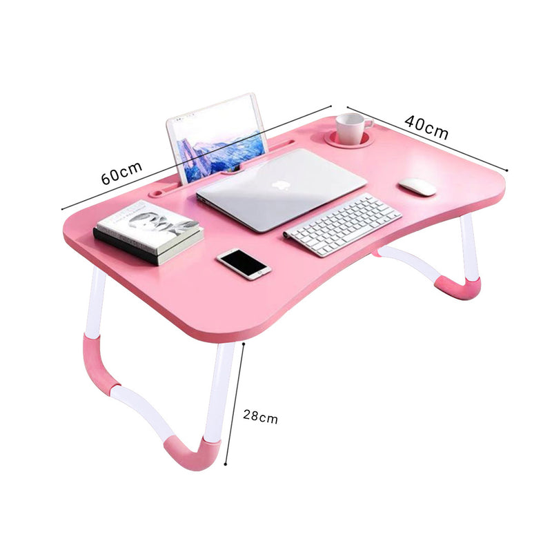 Pink Portable Bed Table MDF Kids Desk Folding Adjustable Stand with Cup-Holder