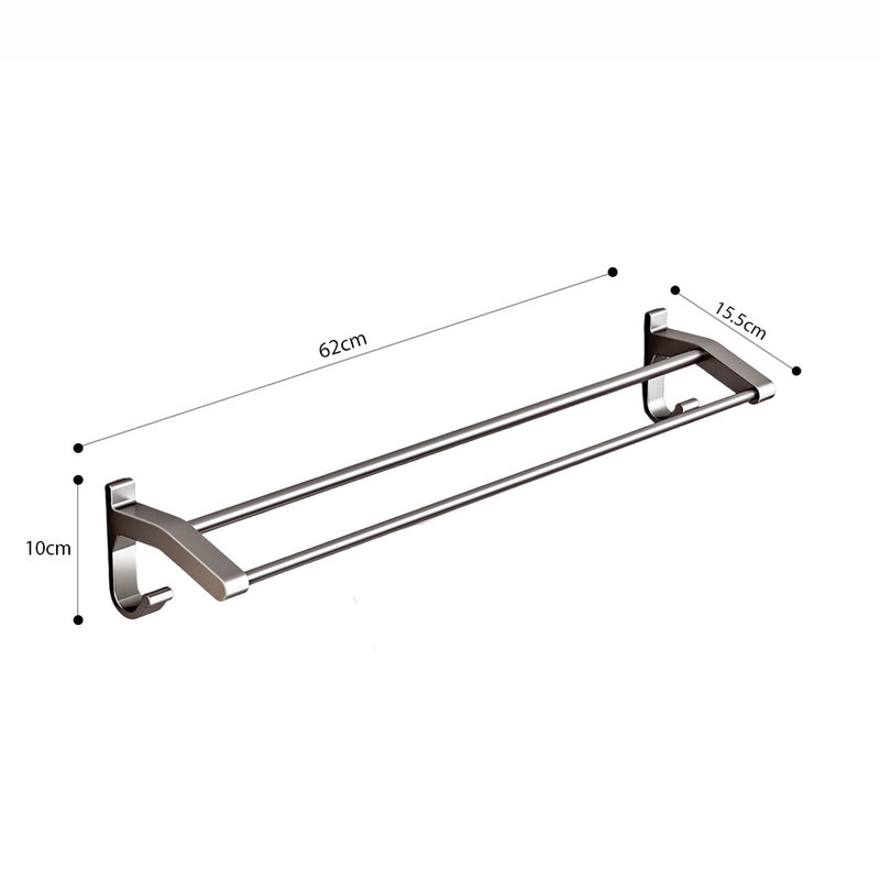 2X 62cm Aluminum Rust Proof Double Pole Wall Mounted Towel Rack Gray Hooks