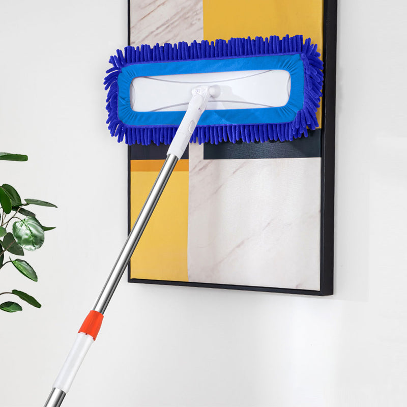 Flat Mop Microfiber Pads 80x12cm 150cm Handle Stainless Steel Blue 6 Pieces