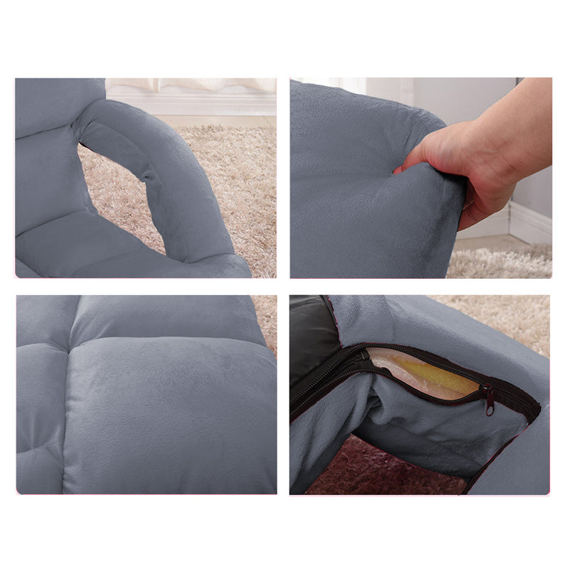 Foldable Grey Floor Lounge Chair Adjustable Recliner with Armrest Flannel