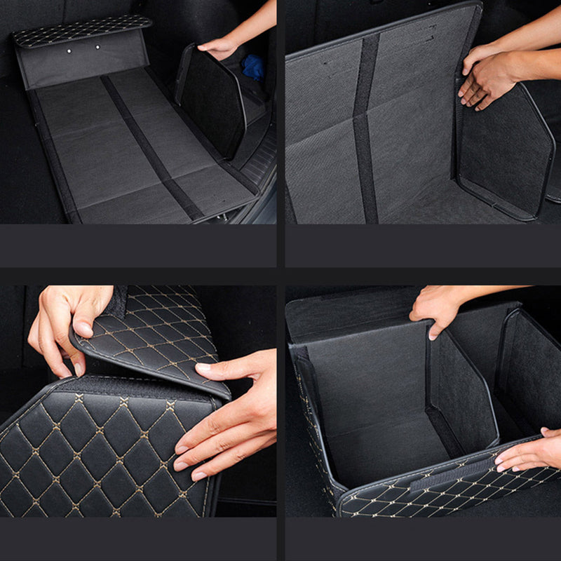4X Leather Car Trunk Organizer 55x30x30cm Collapsible Foldable Black Gold Stitch