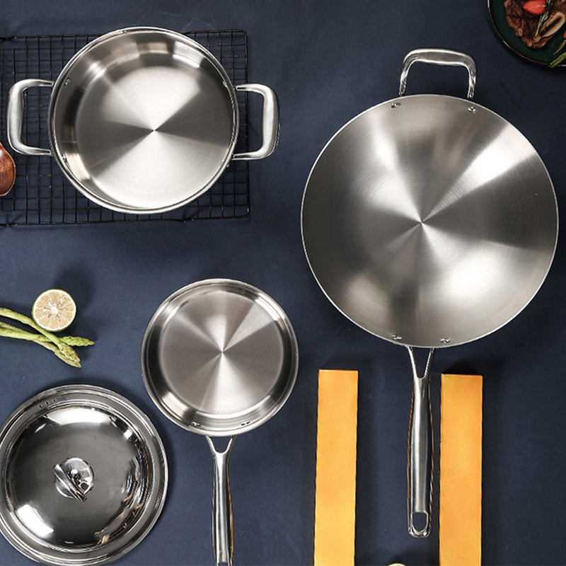 6 Piece Cookware Set Stainless Steel Fry Pan Milk Soup Pot with Lid Dishwasher Safe