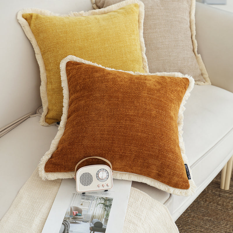 Throw Pillow 45x45x14cm Chenille Polyester Tassels Square Sunset Orange