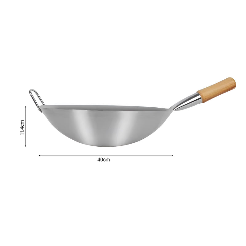 40cm Stainless Steel Cooking Wok Wood Handle Lightweight Home Commercial Use