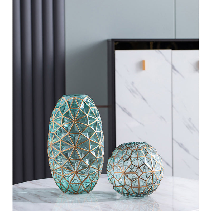 Green Glass Diamond Cut Flower Vase Large And Medium Set Gold Accent