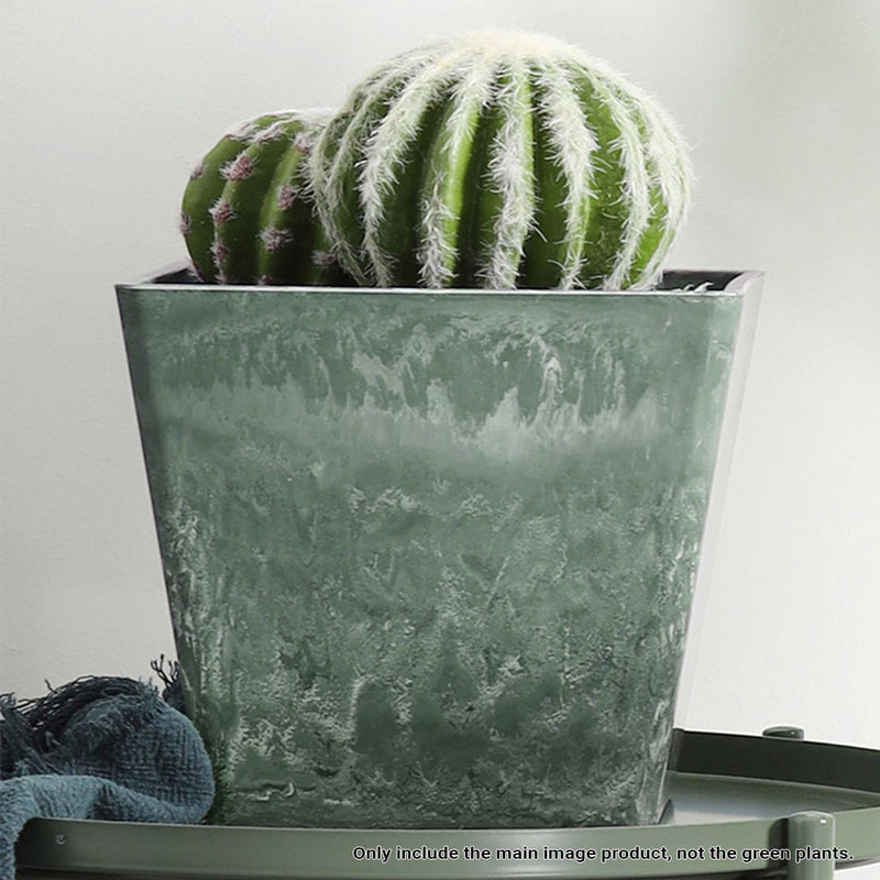 2X 27cm Green Grey Square Resin Tapered Planter Concrete Look Indoor