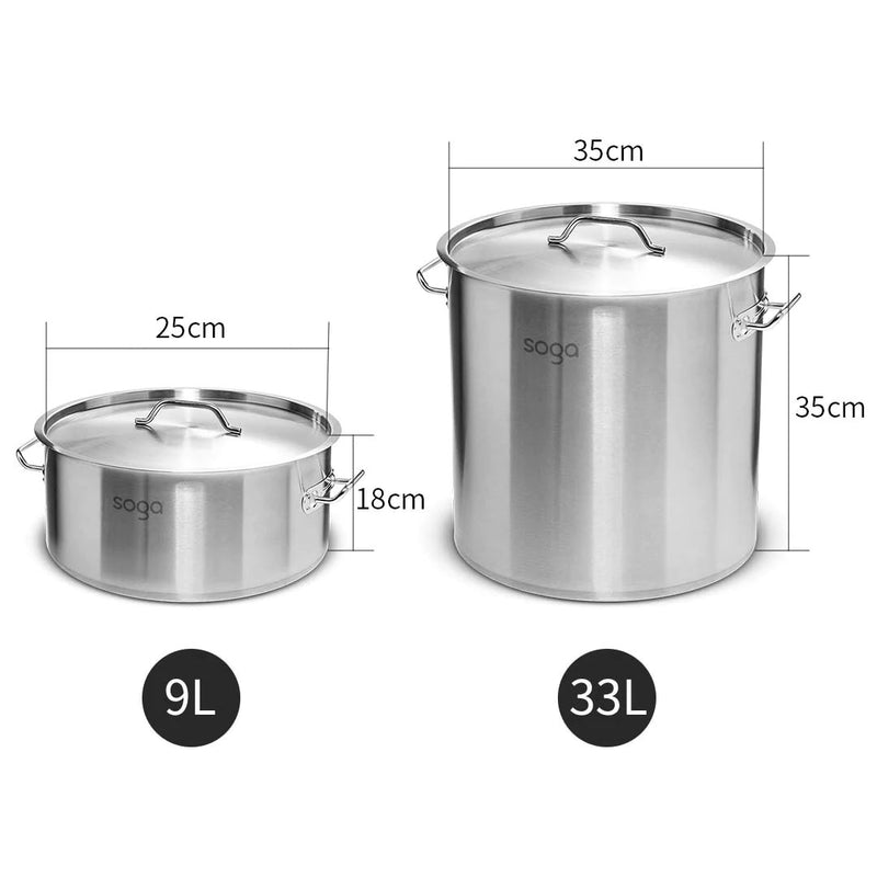9L Wide and 33L Tall Stainless Steel Stockpots Heavy Duty Commercial Kitchen