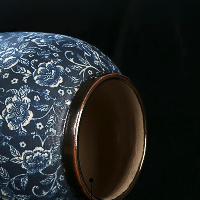 Small Ceramic Flower Vase 21x22Cm Blue With White Floral Handcrafted