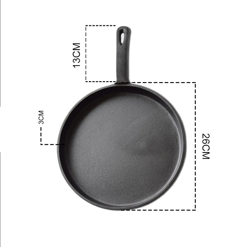 26cm Round Cast Iron Skillet Frying Pan Non-Stick Griddle Black