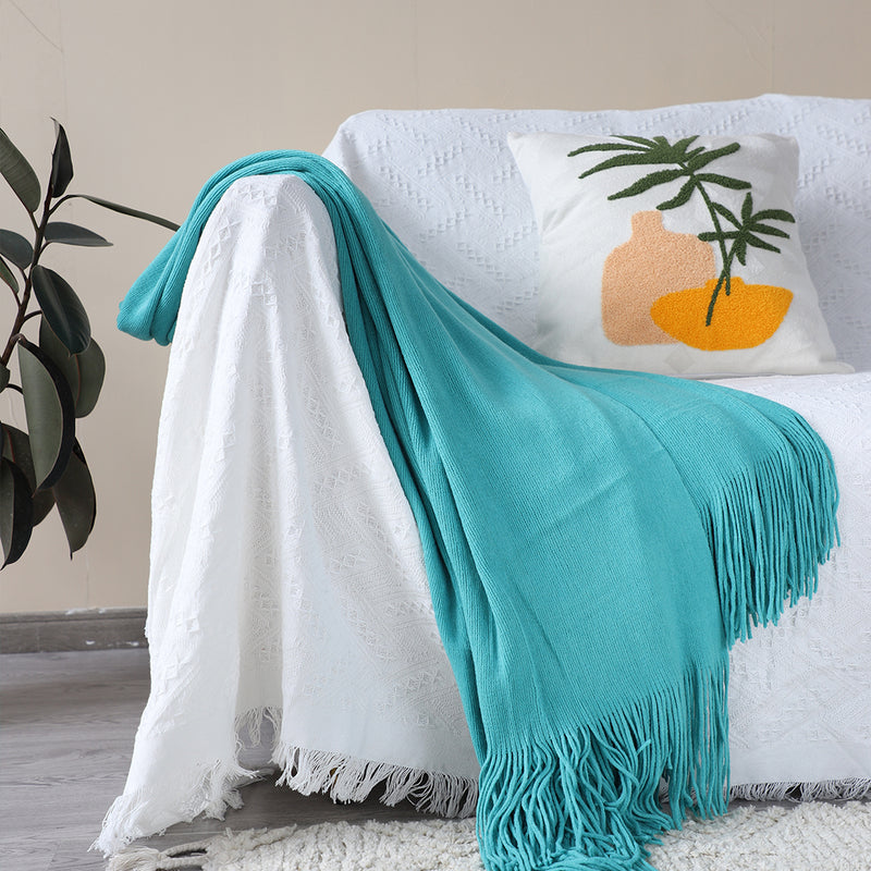 Teal Acrylic Knitted Throw Blanket Solid Fringed 130x220cm Cozy Home Decor