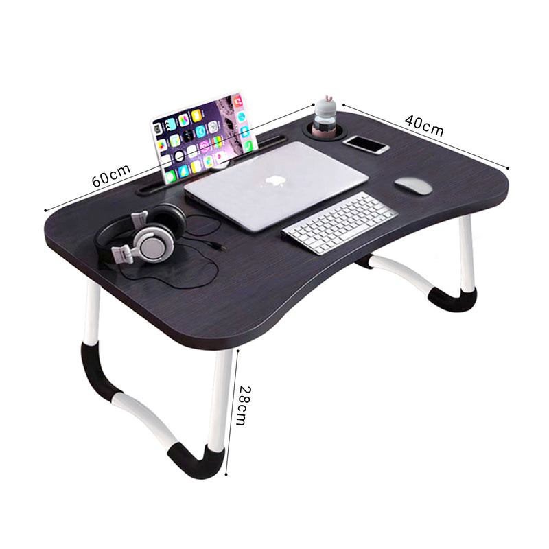 Portable Bed Table Mdf Aluminum Alloy Frame 60x40x28cm Foldable Cup Holder Black