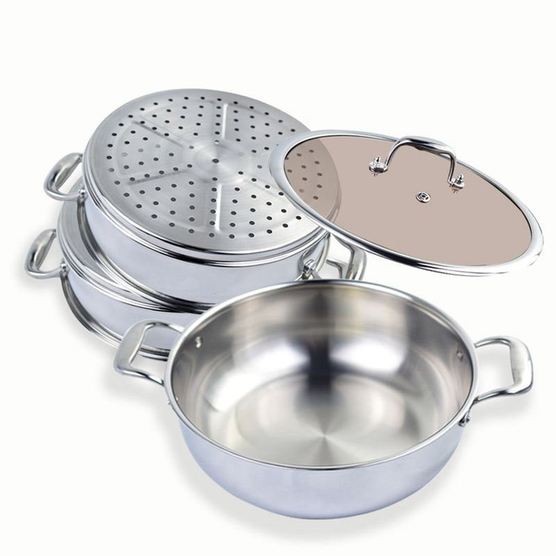 3 Tier 32cm 18/10 Stainless Steel Food Steamer Glass Lid Heavy Duty Induction